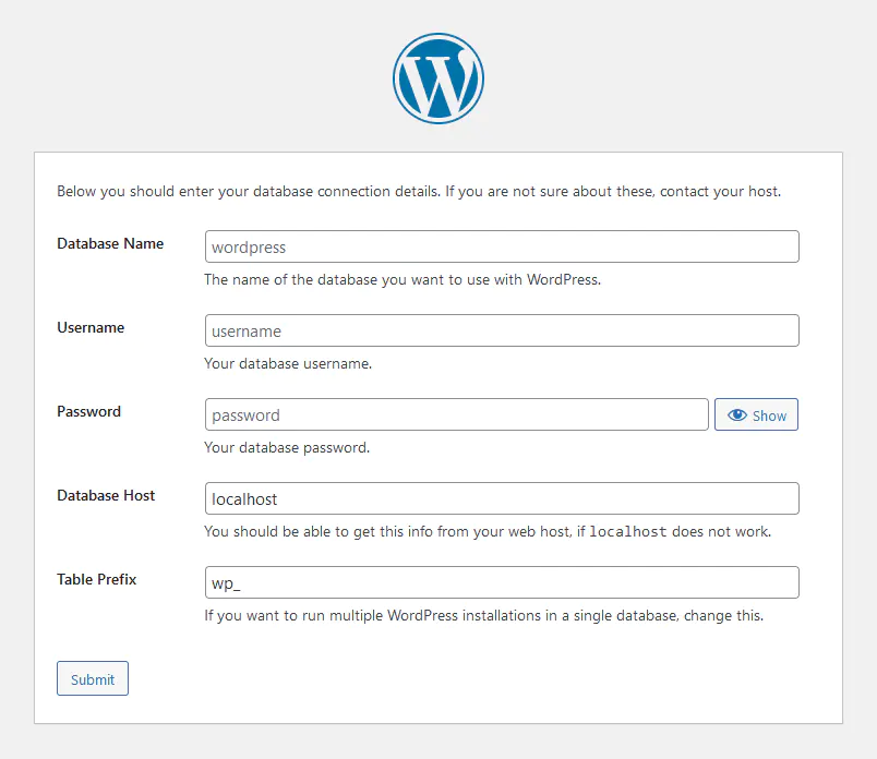 wordpress enter database info