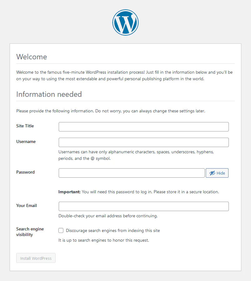 wordpress installation settings